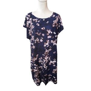 Tamsy Navy Blue Coastal Grandma Floral Cherry Blossom Short Sleeve Shift Dress